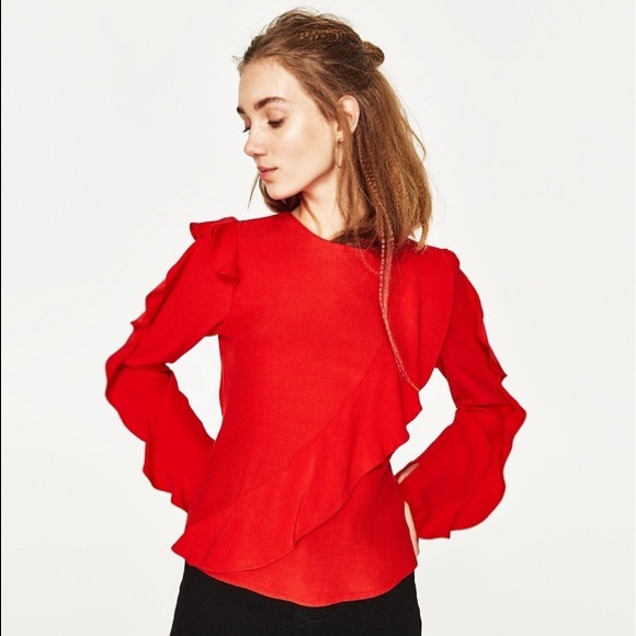 New Zara Red Ruffle Long Sleeves Top - Picture 1 of 6